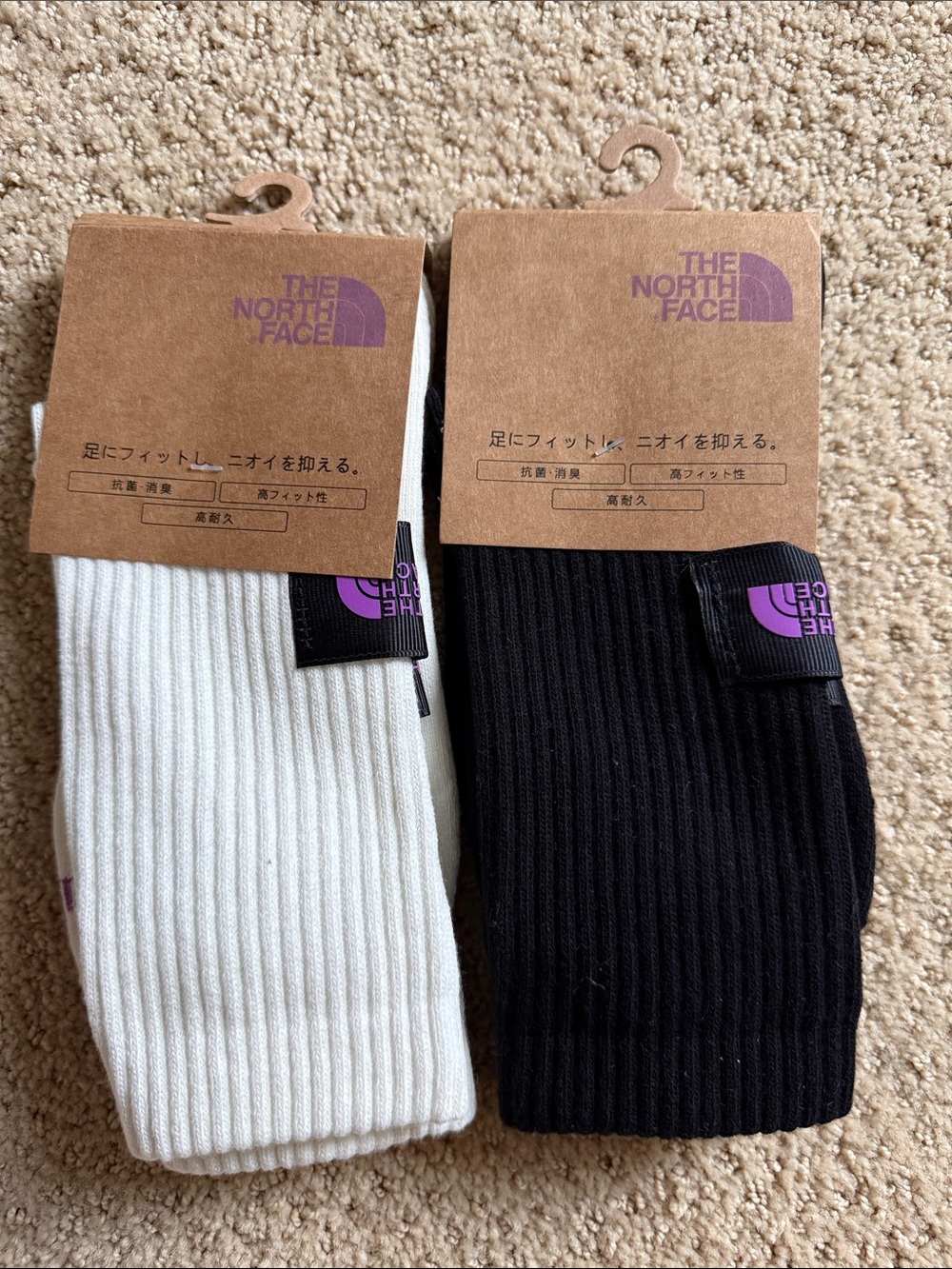 The North Face Ribbed Crew Socks - White & Black with Purple Logo